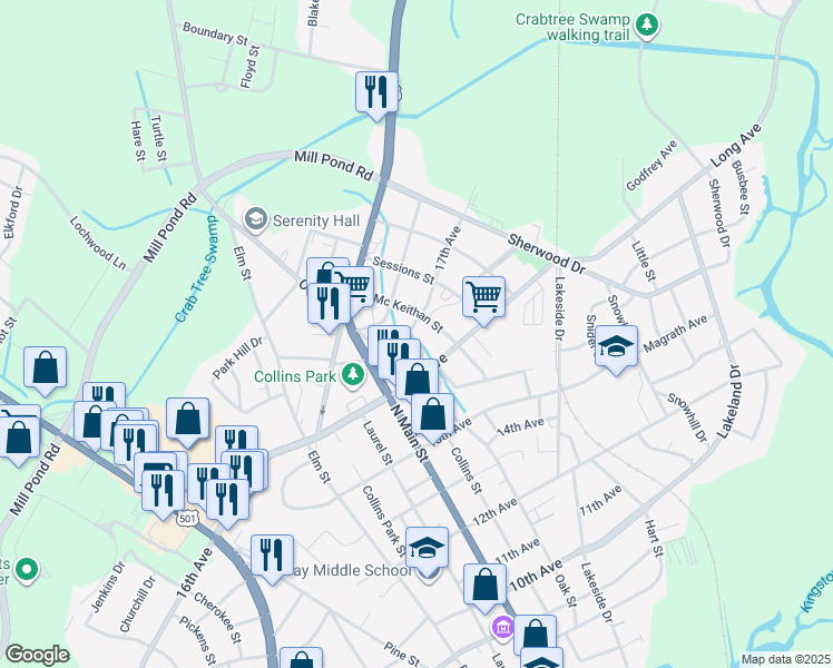 map of restaurants, bars, coffee shops, grocery stores, and more near 1607 Mc Keithan Street in Conway