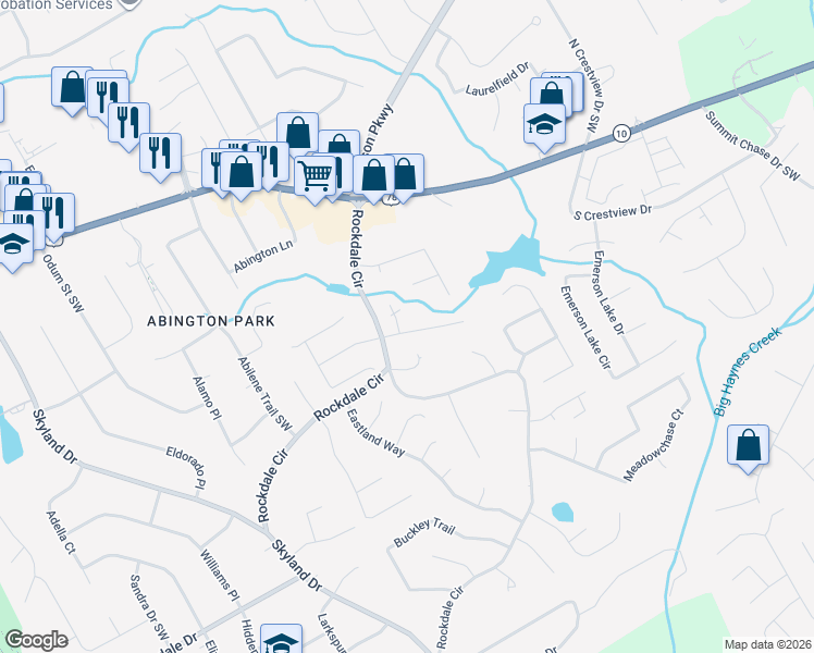 map of restaurants, bars, coffee shops, grocery stores, and more near 2800 Brookhill Court in Snellville