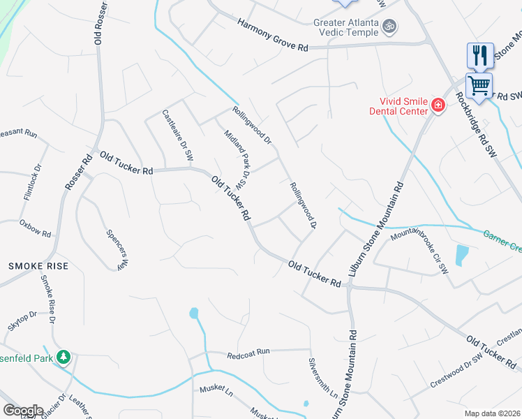 map of restaurants, bars, coffee shops, grocery stores, and more near 654 Old Tucker Road in Stone Mountain