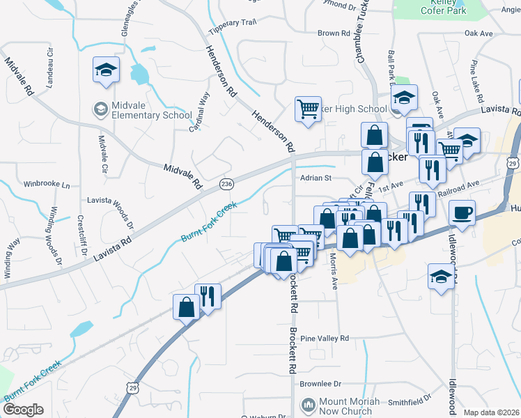 map of restaurants, bars, coffee shops, grocery stores, and more near 3968 Chelsea Common in Tucker
