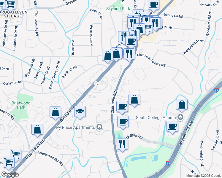 map of restaurants, bars, coffee shops, grocery stores, and more near in Brookhaven