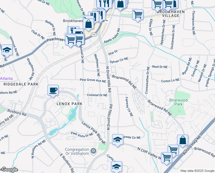 map of restaurants, bars, coffee shops, grocery stores, and more near 1399 North Druid Hills Road in Brookhaven