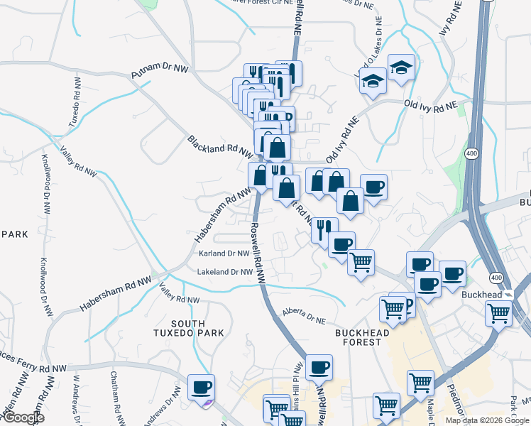 map of restaurants, bars, coffee shops, grocery stores, and more near 3541 Roswell Road Northeast in Atlanta