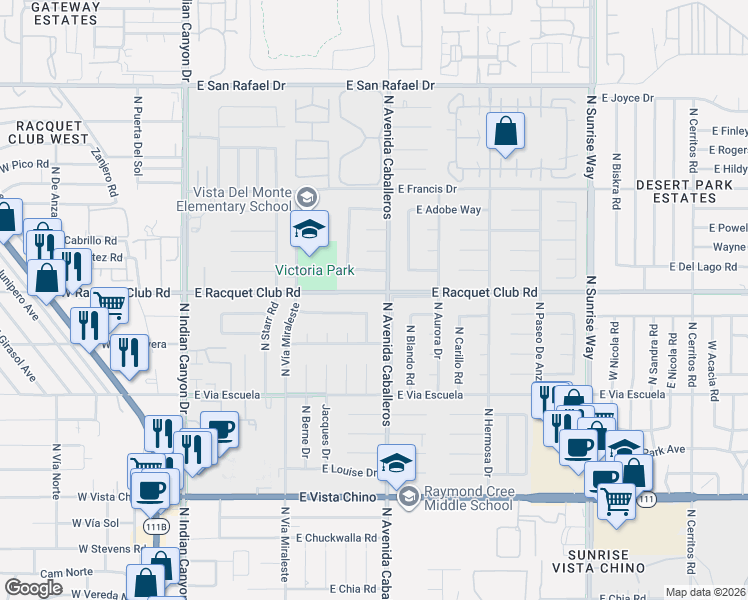 map of restaurants, bars, coffee shops, grocery stores, and more near 841 East Racquet Club Road in Palm Springs