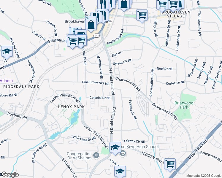 map of restaurants, bars, coffee shops, grocery stores, and more near 1399 North Druid Hills Road in Atlanta