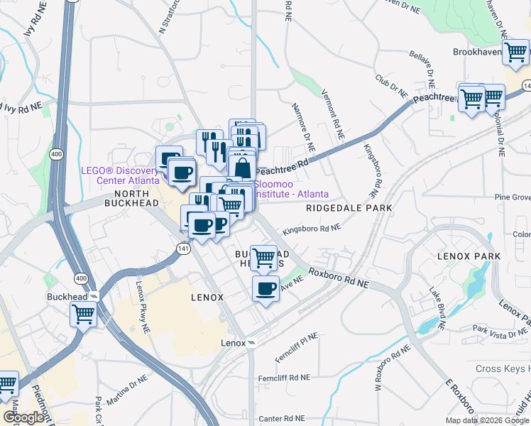 map of restaurants, bars, coffee shops, grocery stores, and more near 3549 Roxboro Road in Atlanta