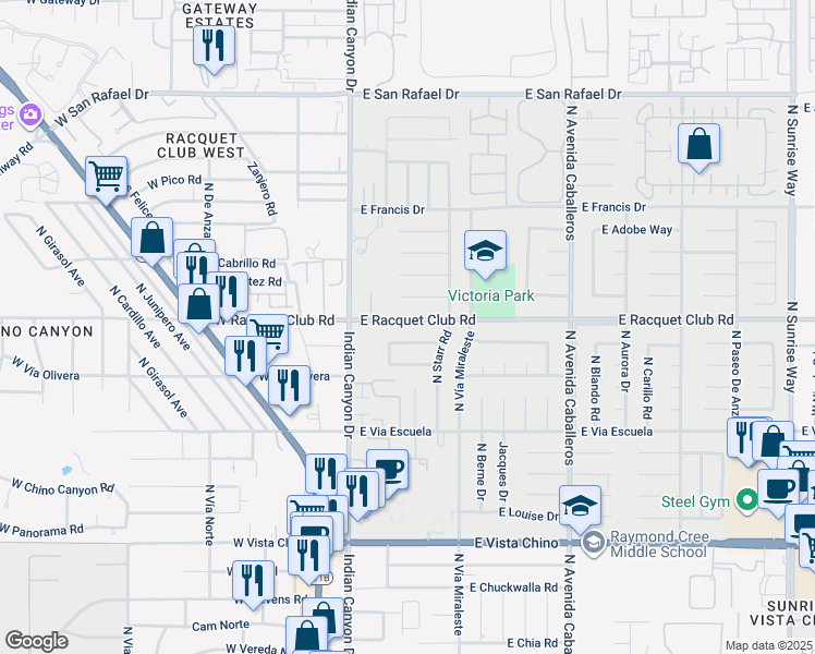 map of restaurants, bars, coffee shops, grocery stores, and more near 411 East Racquet Club Road in Palm Springs