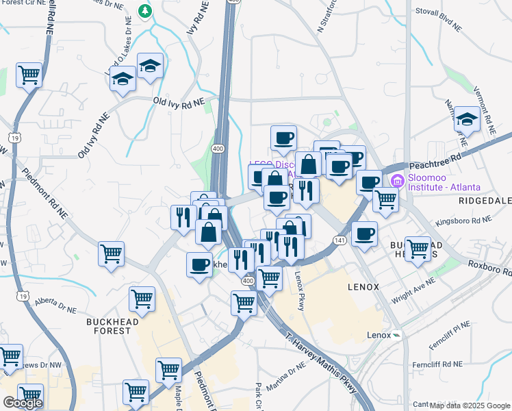 map of restaurants, bars, coffee shops, grocery stores, and more near 3550 Alliance Center Drive Northeast in Atlanta
