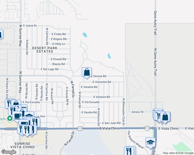 map of restaurants, bars, coffee shops, grocery stores, and more near 2895 East Verona Road in Palm Springs