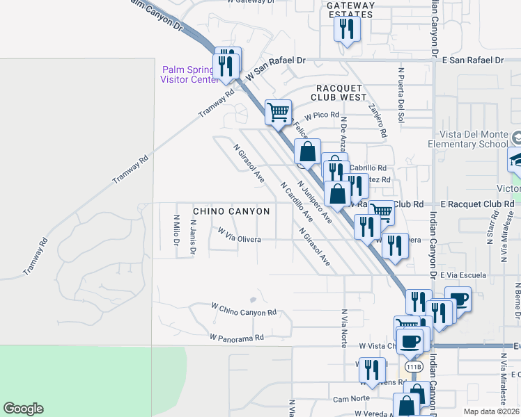map of restaurants, bars, coffee shops, grocery stores, and more near 2480 North Leonard Road in Palm Springs