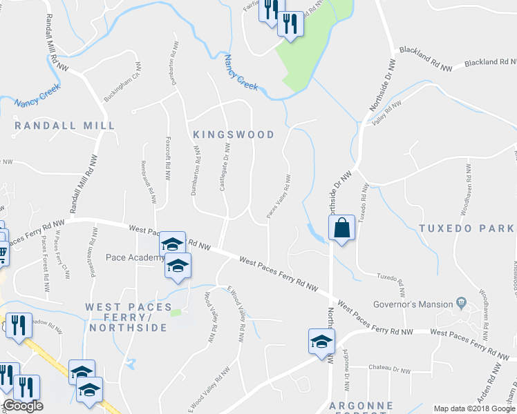 map of restaurants, bars, coffee shops, grocery stores, and more near 3565 Haddon Hall Road Northwest in Atlanta