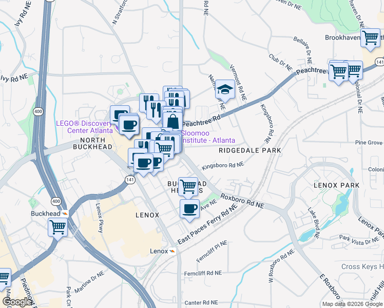 map of restaurants, bars, coffee shops, grocery stores, and more near 3549 Roxboro Road in Atlanta