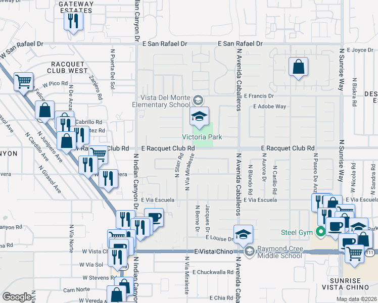 map of restaurants, bars, coffee shops, grocery stores, and more near 595 East Racquet Club Road in Palm Springs