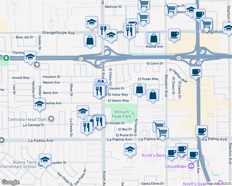 map of restaurants, bars, coffee shops, grocery stores, and more near 7105 El Veloz Way in Buena Park