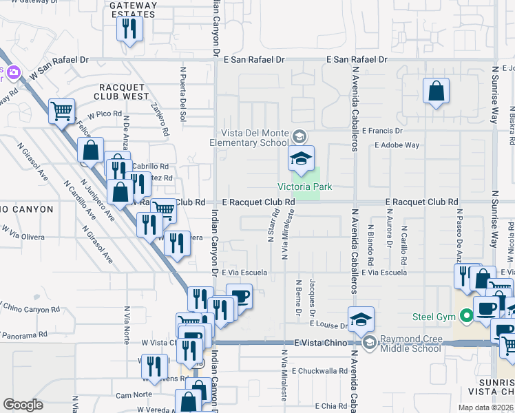 map of restaurants, bars, coffee shops, grocery stores, and more near in Palm Springs