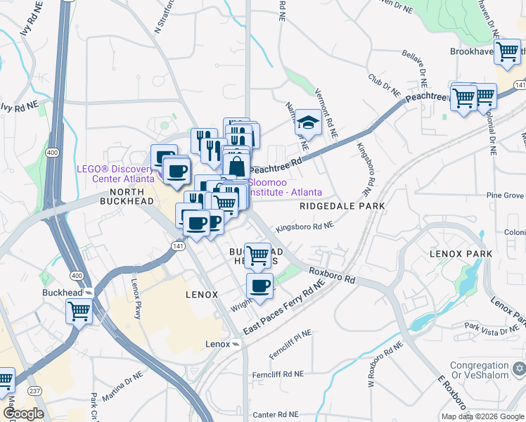 map of restaurants, bars, coffee shops, grocery stores, and more near 3549 Roxboro Road in Atlanta