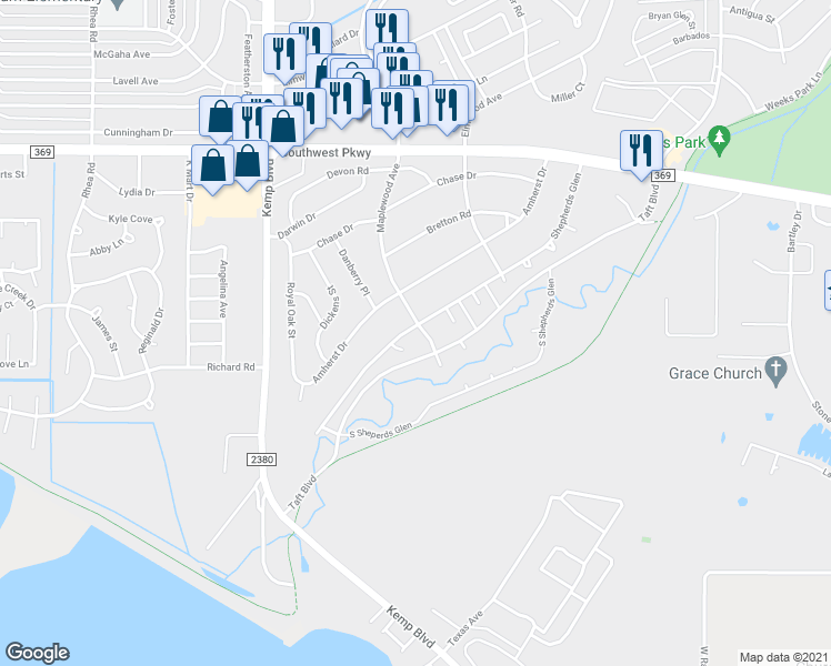 map of restaurants, bars, coffee shops, grocery stores, and more near 2701 Shepherds Glen in Wichita Falls