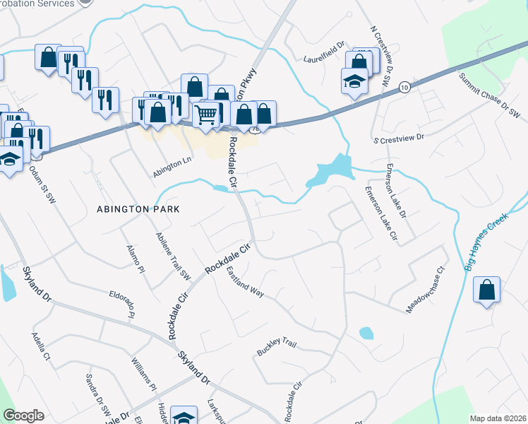 map of restaurants, bars, coffee shops, grocery stores, and more near 2800 Brookhill Court in Snellville