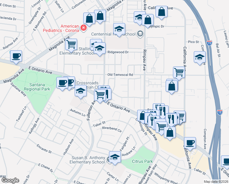 map of restaurants, bars, coffee shops, grocery stores, and more near 2189 Turnberry Lane in Corona