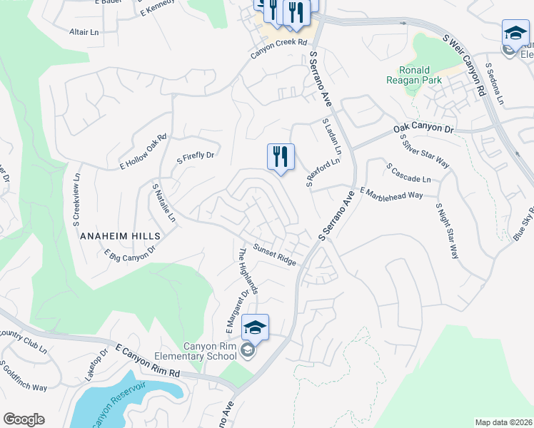 map of restaurants, bars, coffee shops, grocery stores, and more near 1071 South Positano Avenue in Anaheim