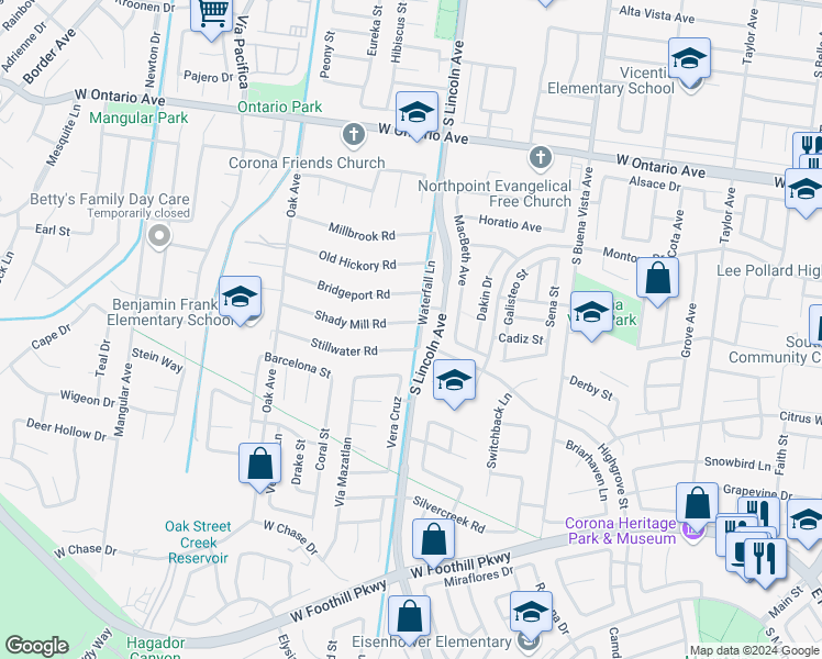 map of restaurants, bars, coffee shops, grocery stores, and more near 1104 Shady Mill Road in Corona