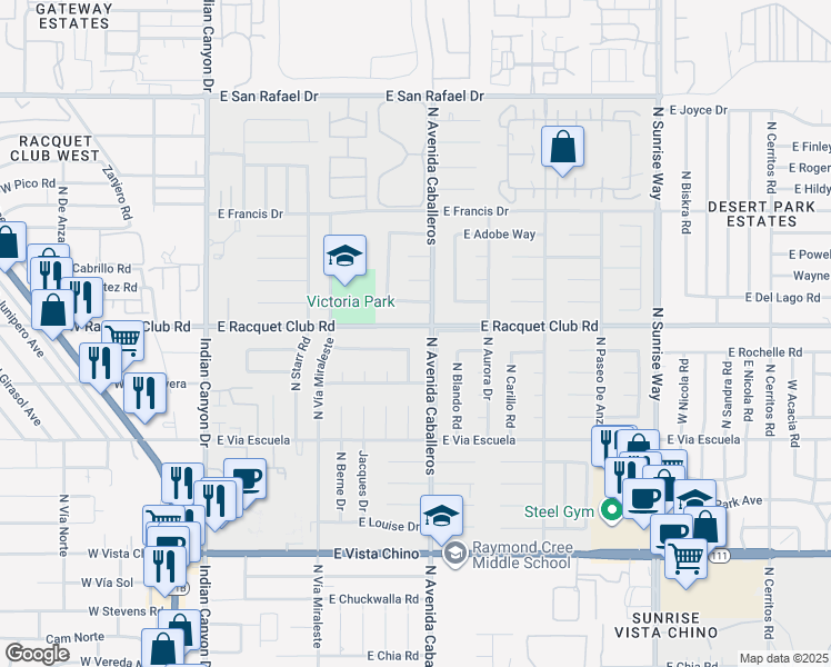 map of restaurants, bars, coffee shops, grocery stores, and more near 841 East Racquet Club Road in Palm Springs