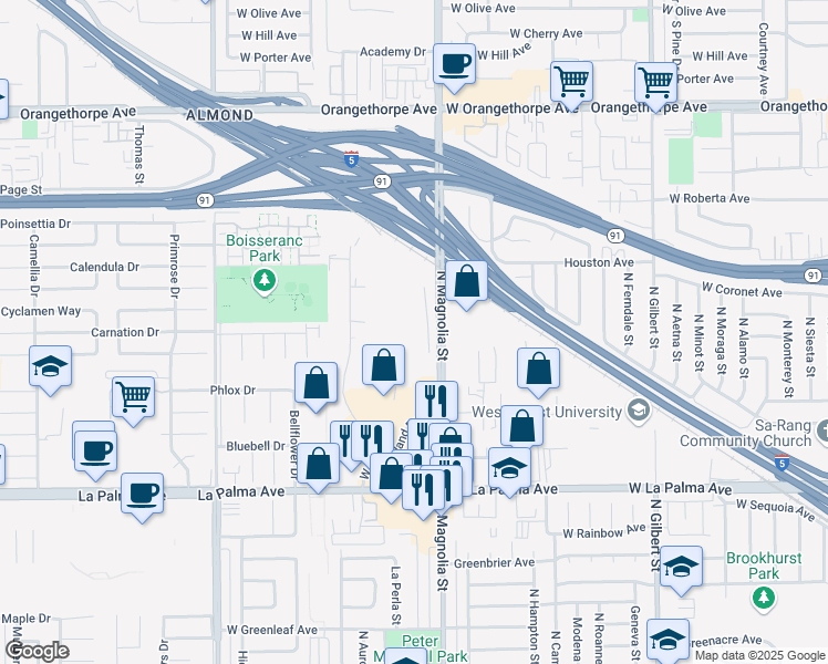 map of restaurants, bars, coffee shops, grocery stores, and more near 1201 North Magnolia Avenue in Anaheim