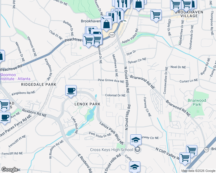 map of restaurants, bars, coffee shops, grocery stores, and more near 2290 Valley Brook Way in Atlanta