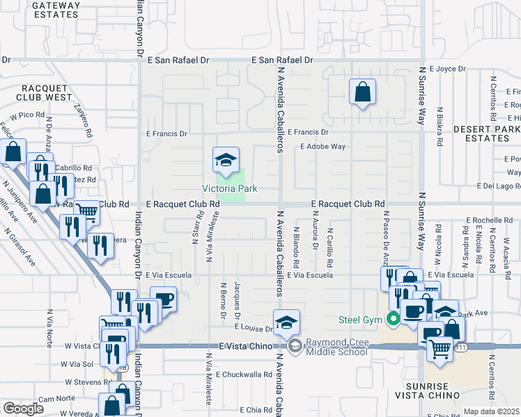 map of restaurants, bars, coffee shops, grocery stores, and more near 841 East Racquet Club Road in Palm Springs