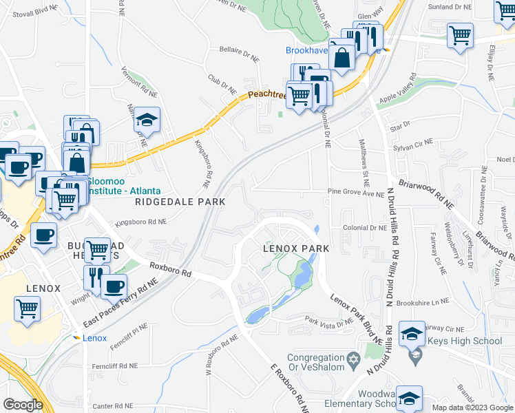 map of restaurants, bars, coffee shops, grocery stores, and more near 1006 Arbor Trce Northeast in Atlanta