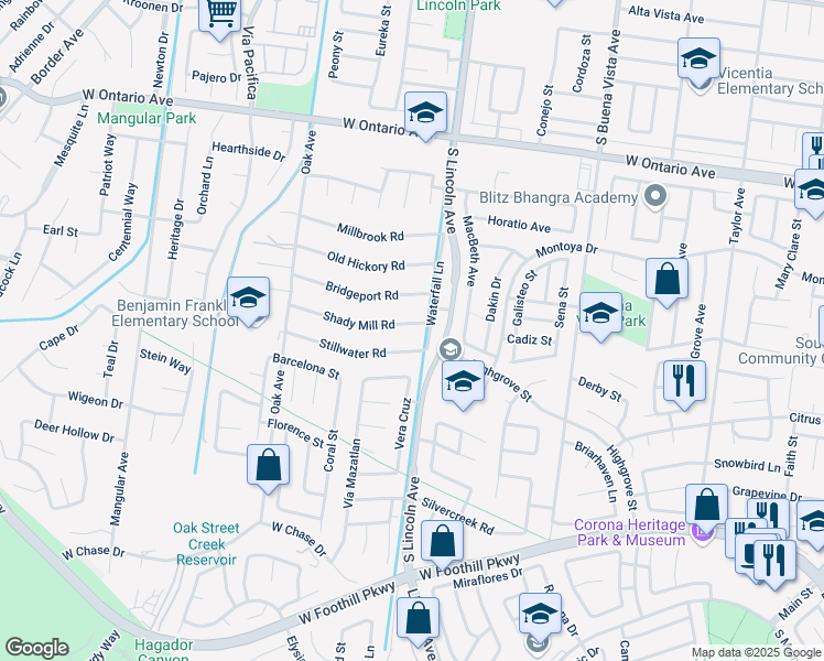 map of restaurants, bars, coffee shops, grocery stores, and more near 1114 Shady Mill Road in Corona