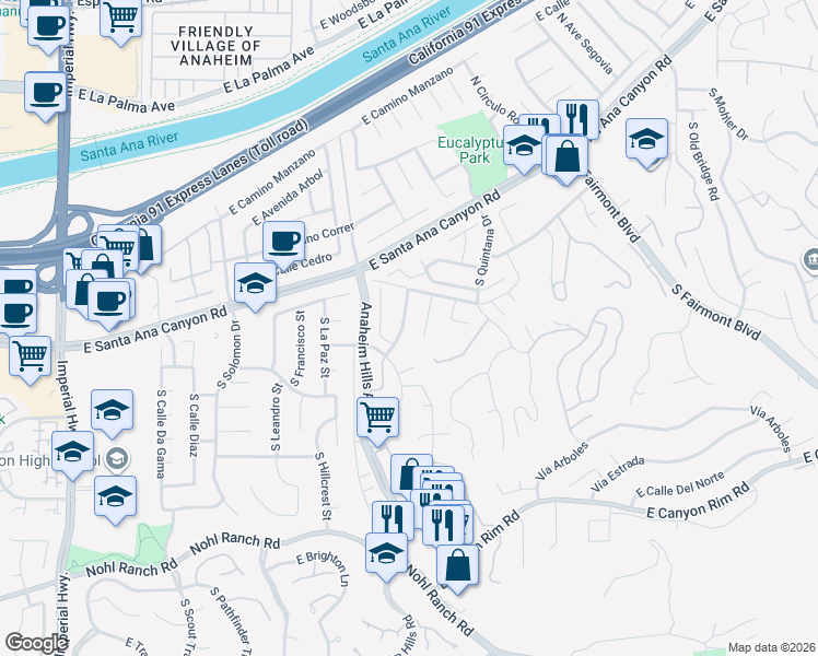 map of restaurants, bars, coffee shops, grocery stores, and more near 160 South Summertree Road in Anaheim