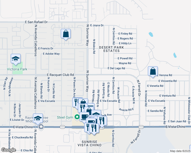 map of restaurants, bars, coffee shops, grocery stores, and more near 1827 East Racquet Club Road in Palm Springs