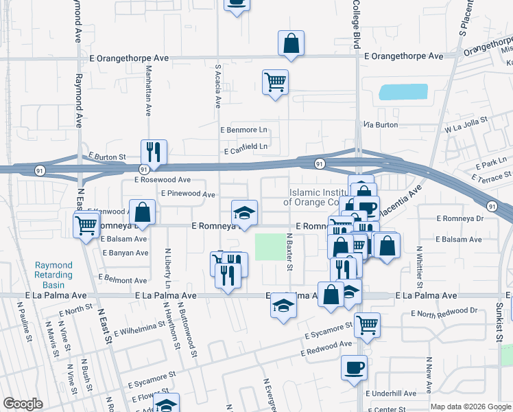 map of restaurants, bars, coffee shops, grocery stores, and more near 1227 North Evergreen Street in Anaheim