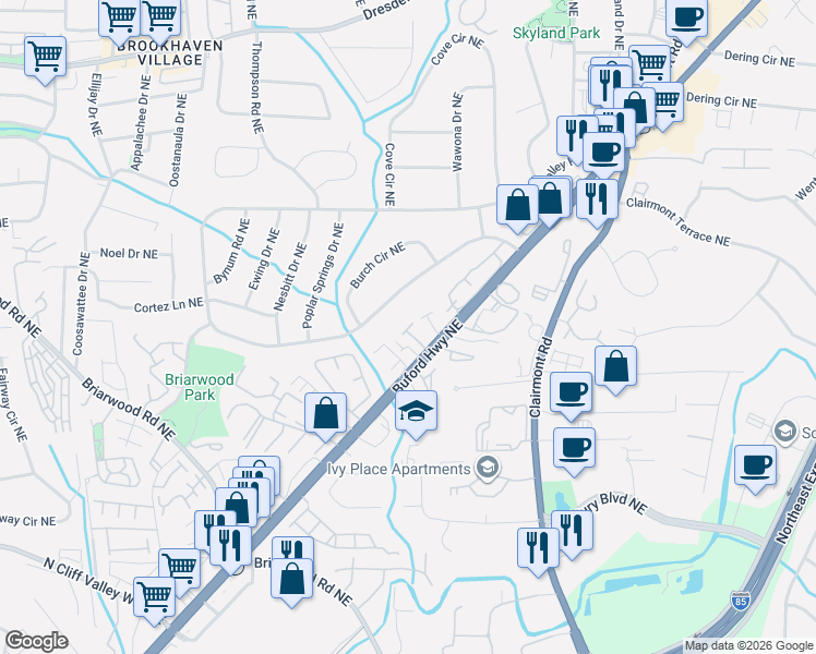 map of restaurants, bars, coffee shops, grocery stores, and more near 3630 Buford Highway Northeast in Atlanta