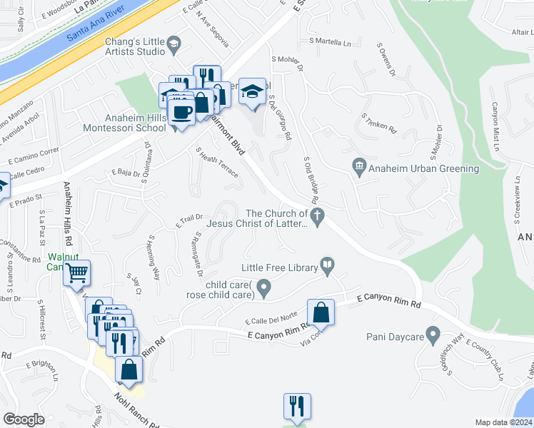 map of restaurants, bars, coffee shops, grocery stores, and more near 6681 East Canyon Hills Road in Anaheim