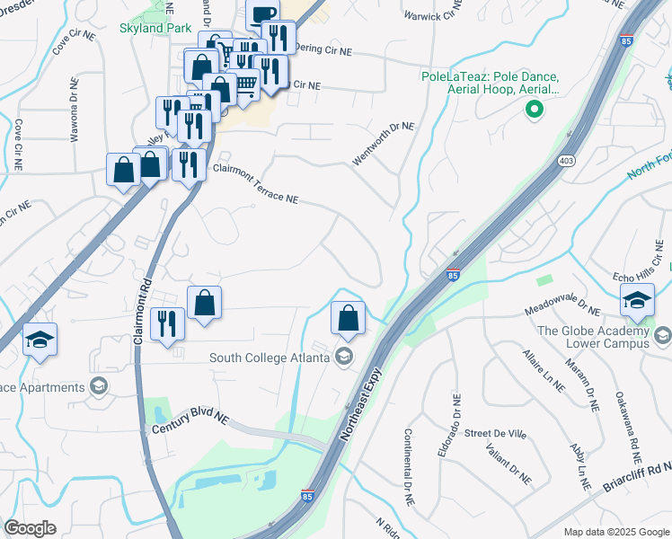 map of restaurants, bars, coffee shops, grocery stores, and more near 2206 Clairmont Terrace Northeast in Atlanta