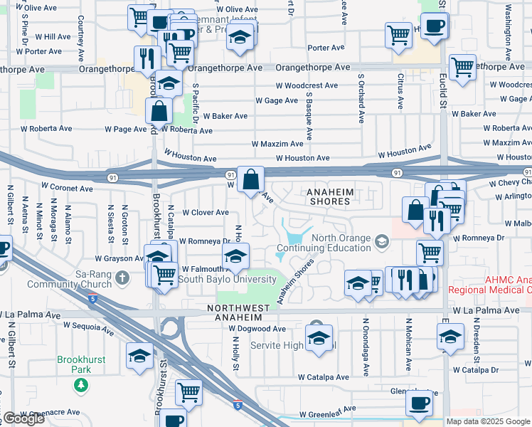 map of restaurants, bars, coffee shops, grocery stores, and more near 2012 West Binnacle Way in Anaheim