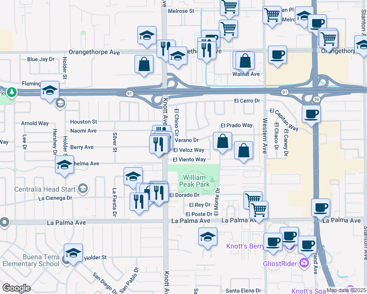 map of restaurants, bars, coffee shops, grocery stores, and more near 7105 El Veloz Way in Buena Park