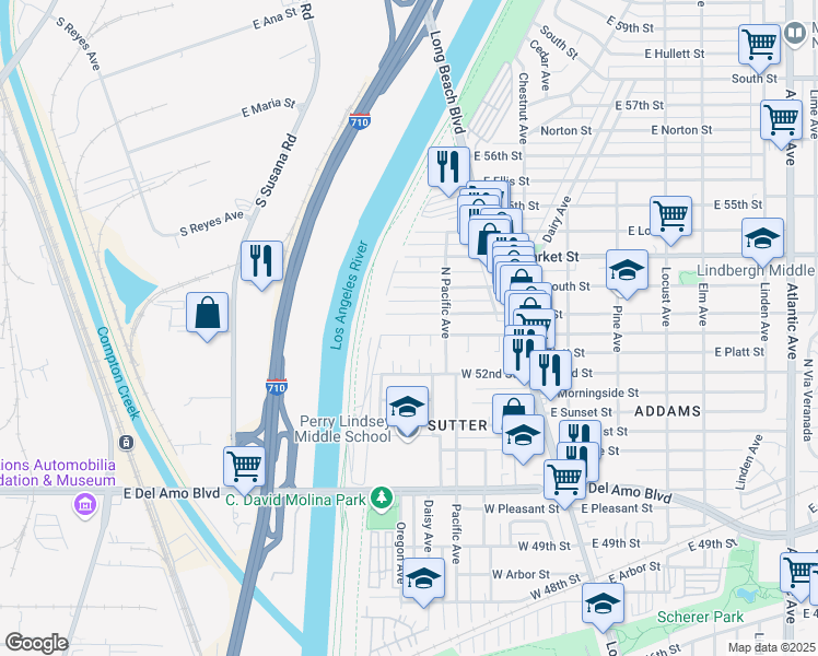 map of restaurants, bars, coffee shops, grocery stores, and more near 135 W Mountain View St in Long Beach