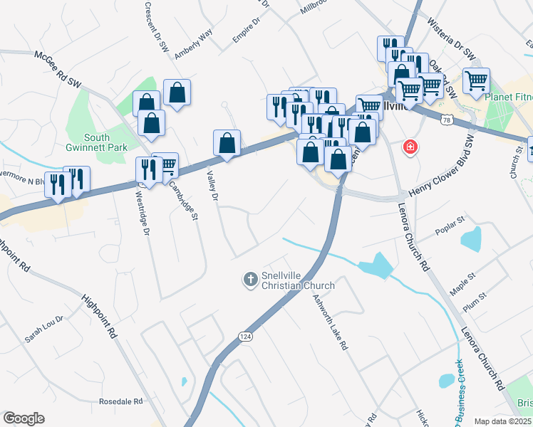 map of restaurants, bars, coffee shops, grocery stores, and more near 2784 Twin Springs Drive in Snellville
