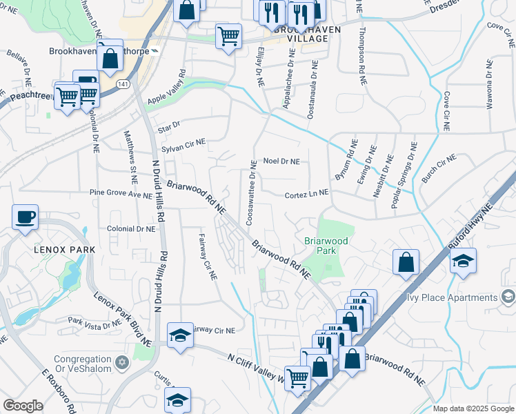 map of restaurants, bars, coffee shops, grocery stores, and more near 2322 Wayside Drive in Atlanta
