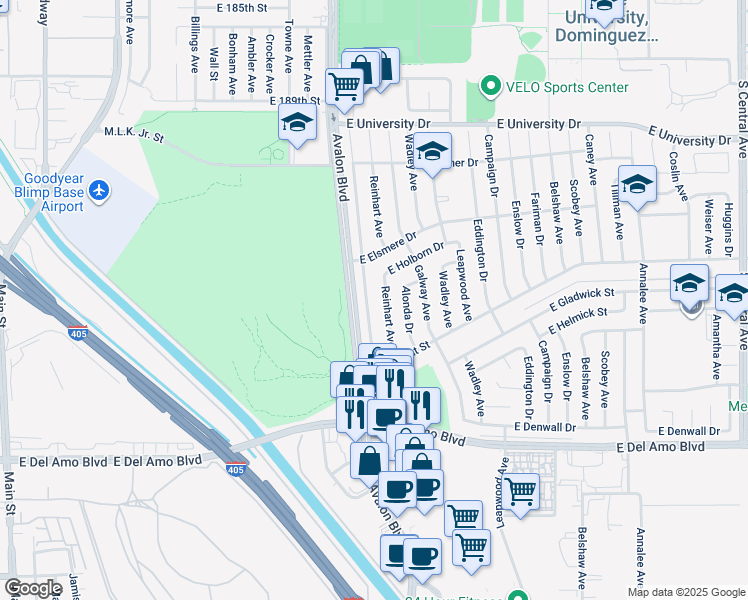 map of restaurants, bars, coffee shops, grocery stores, and more near 19724 Dunbrooke Ave in Carson