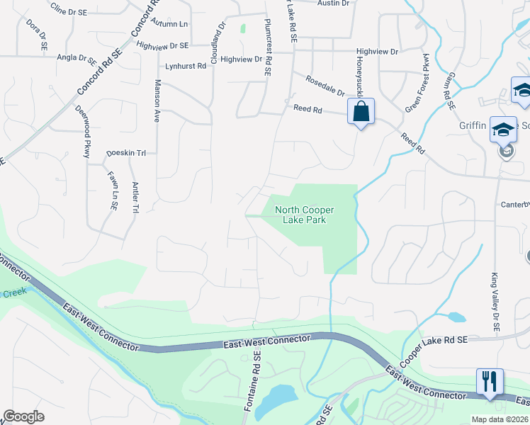 map of restaurants, bars, coffee shops, grocery stores, and more near 412 Downfield Way in Smyrna