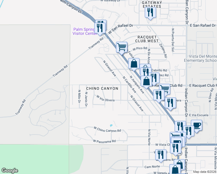 map of restaurants, bars, coffee shops, grocery stores, and more near 2480 North Palermo Drive in Palm Springs