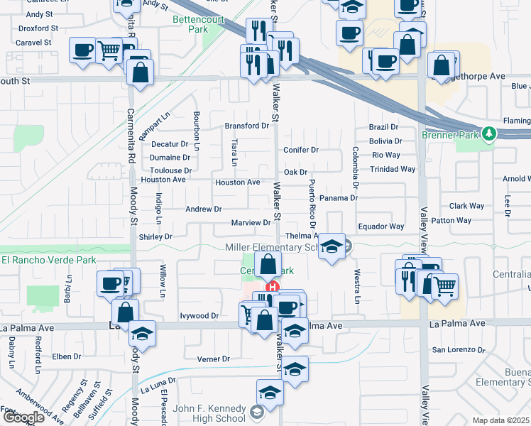 map of restaurants, bars, coffee shops, grocery stores, and more near 5568 Ozawa Circle in La Palma