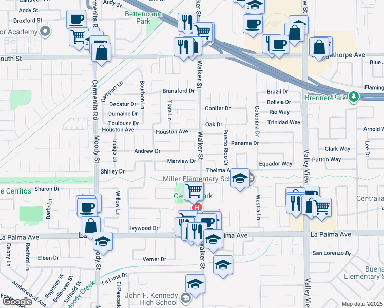 map of restaurants, bars, coffee shops, grocery stores, and more near 5568 Ozawa Circle in La Palma