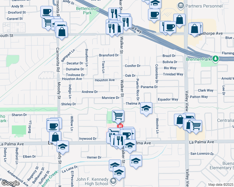 map of restaurants, bars, coffee shops, grocery stores, and more near 5578 Ozawa Circle in La Palma
