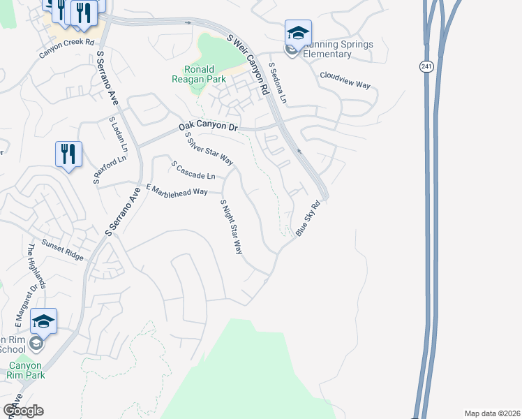 map of restaurants, bars, coffee shops, grocery stores, and more near 1192 South Silver Star Way in Anaheim