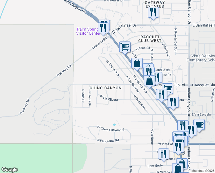 map of restaurants, bars, coffee shops, grocery stores, and more near 2480 North Palermo Drive in Palm Springs